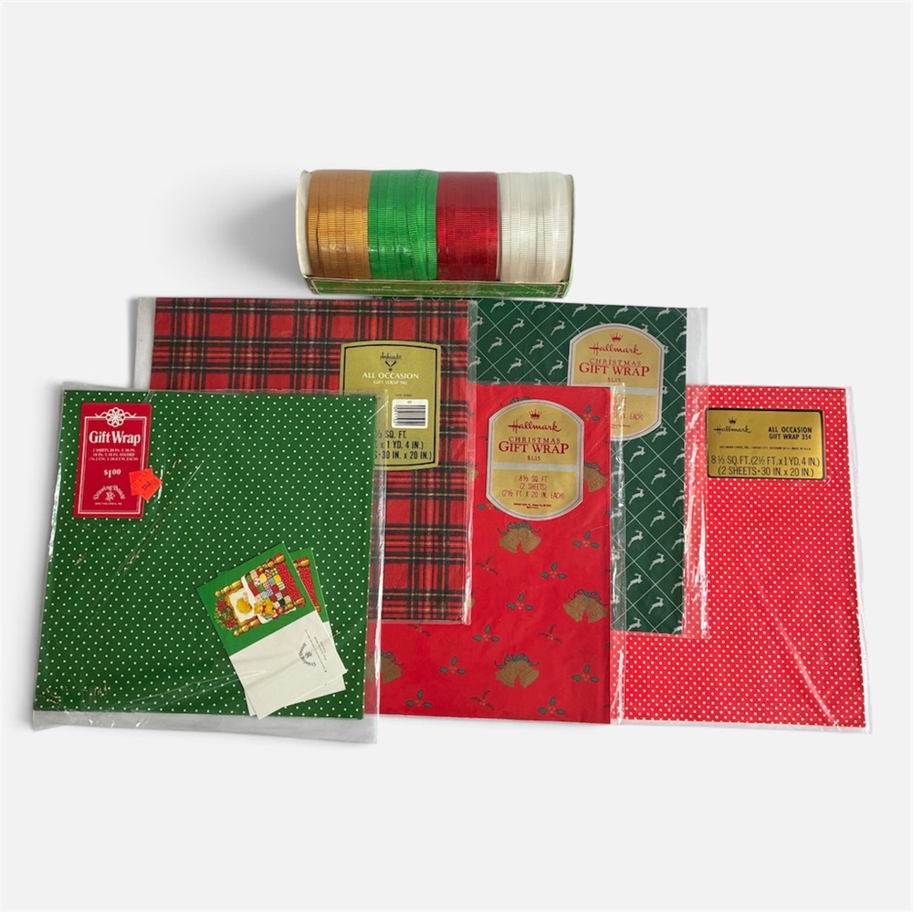 Vintage Christmas Flat Gift Wrap Ribbon Hallmark Plaid Polka Dot Sealed NOS NEW